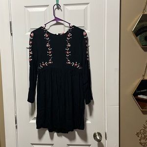 Ann Taylor Loft Womens 0p Slit Sleeve Embroidered Dress A-line Flowers Black